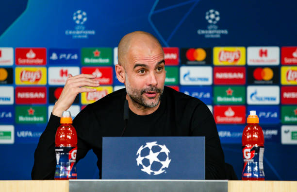 MADRID, SPAIN - FEBRUARY 25: Pep Guardiola, manager of Manchester City speaks during the press conference ahead of their UEFA Champions League round of 16 first leg match against Real Madrid at the Santiago Bernabeu Stadium on February 25, 2020 in Madrid, Spain. (Photo by Matt McNulty - Manchester City/Manchester City FC via Getty Images)