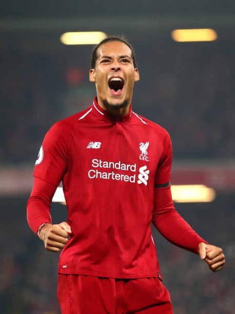 LIVERPOOL, ENGLAND - FEBRUARY 27: Virgil van Dijk of Liverpool celebrates after scoring his team's fourth goal during the Premier League match between Liverpool FC and Watford FC at Anfield on February 27, 2019 in Liverpool, United Kingdom. (Photo by Clive Brunskill/Getty Images)
Virgil Van Dijk of Liverpool 