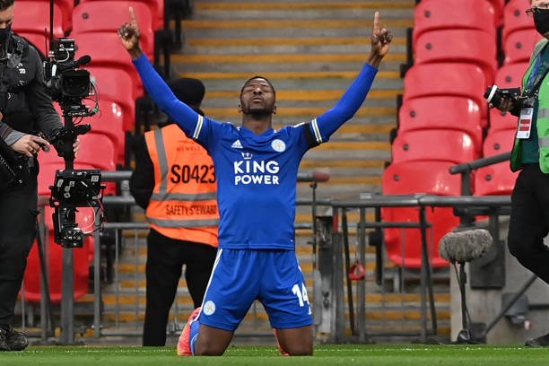 Iheanacho celebrates scoring in the FA Cup