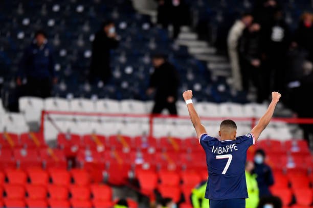 Kylian Mbappe celebrates as PSG secure their place in the Champions League semi-final
