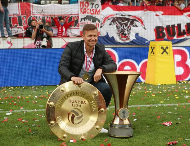 American manager Jesse Marsch celebrating Salzburg's eighth consecutive league title before moving to the Bundesliga to manage their sister club RB Leipzig (Photo by KRUGFOTO/APA/AFP via Getty Images)