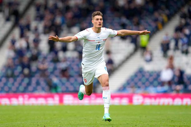 GLASGOW, SCOTLAND - JUNE 14: Patrik Schick of Czech Republic celebrates after scoring their side's second goal during the UEFA Euro 2020 Championship Group D match between Scotland v Czech Republic at Hampden Park on June 14, 2021 in Glasgow, Scotland. (Photo by Petr Josek - Pool/Getty Images)
