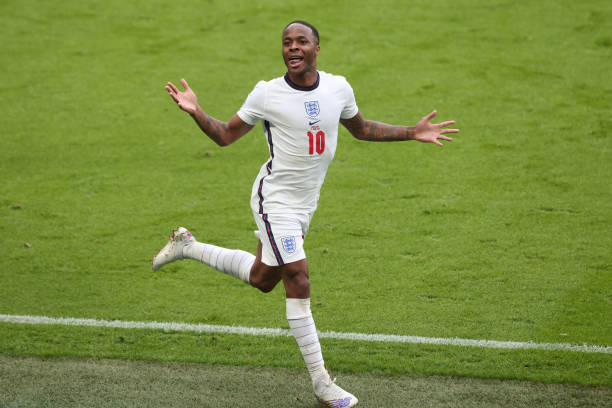 LONDON, ENGLAND - JUNE 29:  Raheem Sterling of England celebrates the opening goal during the UEFA Euro 2020 Championship Round of 16 match between England and Germany at Wembley Stadium on June 29, 2021 in London, United Kingdom. (Photo by Marc Atkins/Getty Images)