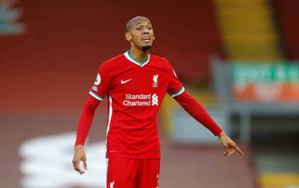 LIVERPOOL, ENGLAND - SEPTEMBER 12: Fabinho of Liverpool reacts during the Premier League match between Liverpool and Leeds United at Anfield on September 12, 2020 in Liverpool, England.