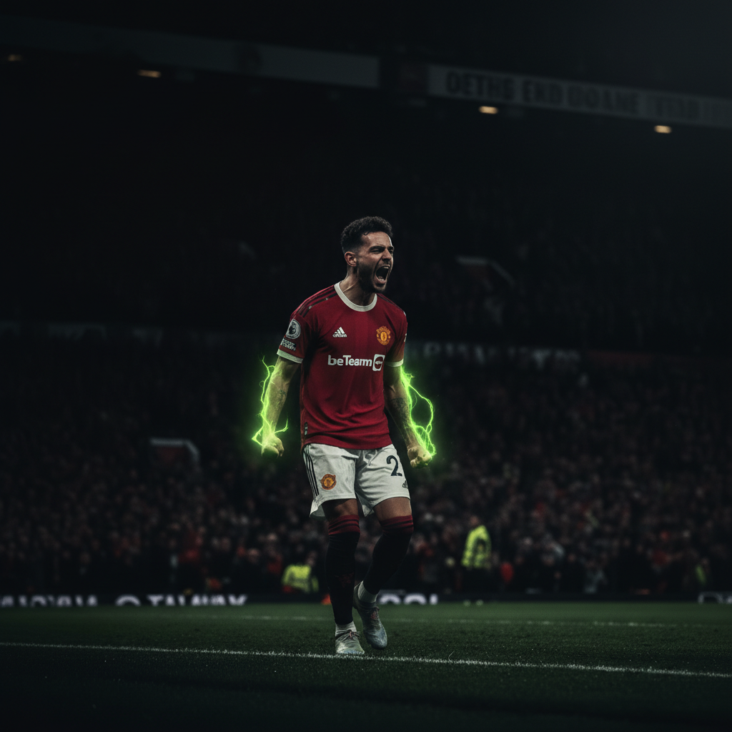 Bryan Mbeumo scores his first Premier League goal for Manchester United with a powerful shot, highlighted in lime green against a dark background.