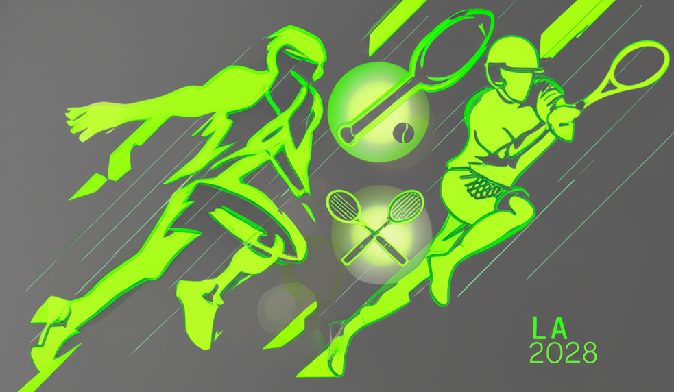 Dynamic icons of new 2028 Olympics sports like cricket and flag football.