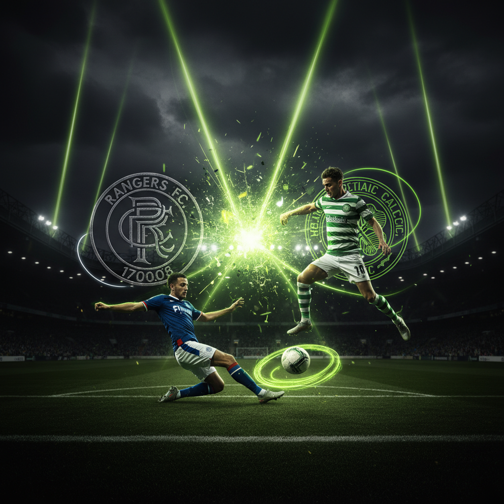 Intense on-pitch battle between a Rangers and Celtic player during the Old Firm derby.