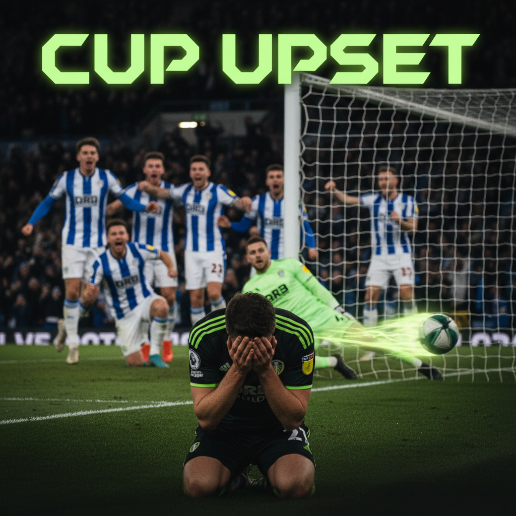 An action shot of the decisive penalty shootout. The image is framed from behind the goal. A Sheffield Wednesday player, seen from the back, has just struck the ball, which is a lime green blur heading towards the net. The Leeds United goalkeeper is diving the wrong way. The atmosphere is tense, with the dark stands of Hillsborough providing a contrasting backdrop to the brightly lit penalty area.