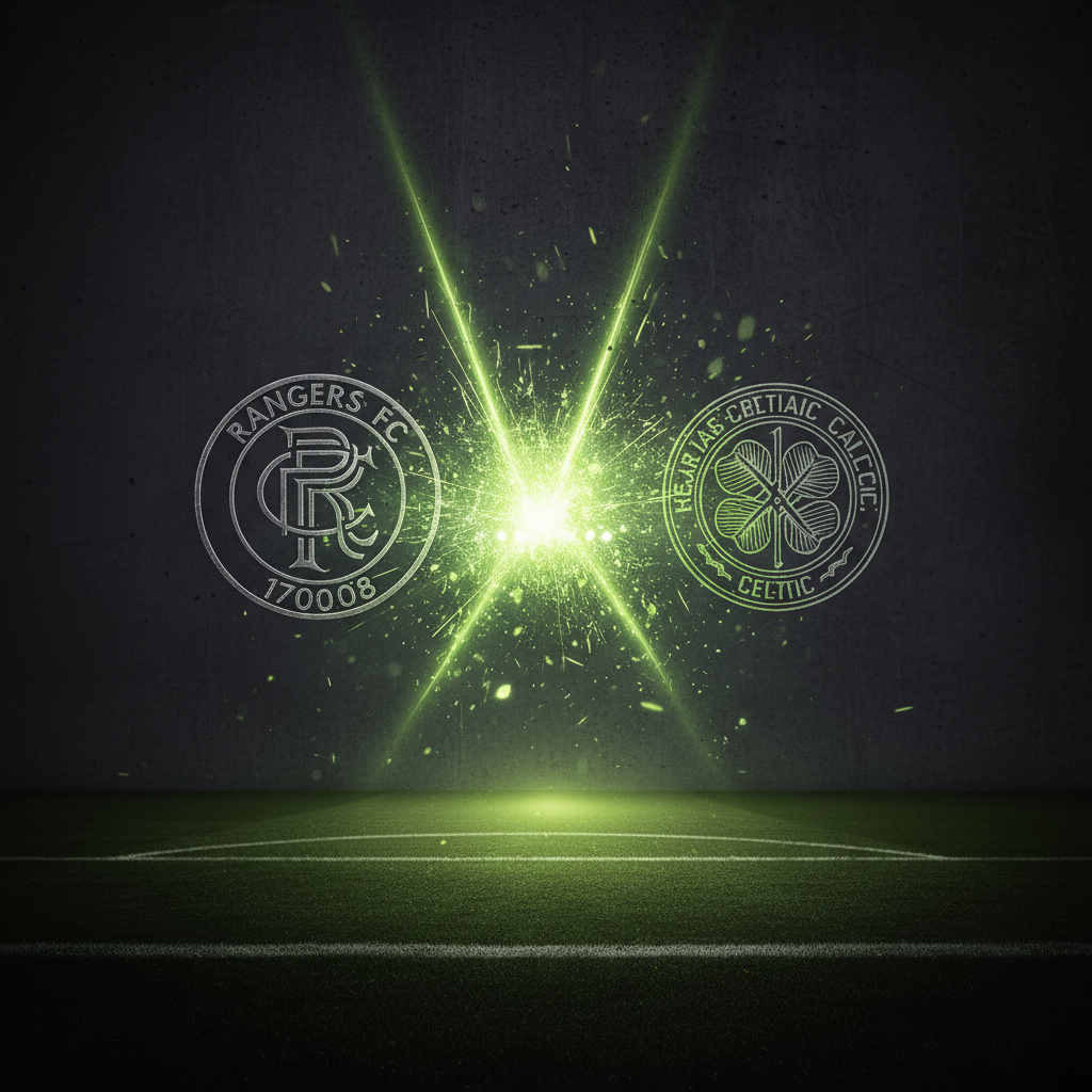 Historic stadium, home of the Old Firm derby, illuminated with lime green and dark tones.