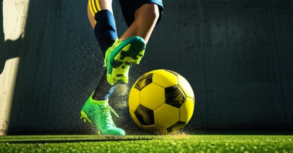 A soccer player practicing ball control with cones on a training pitch.