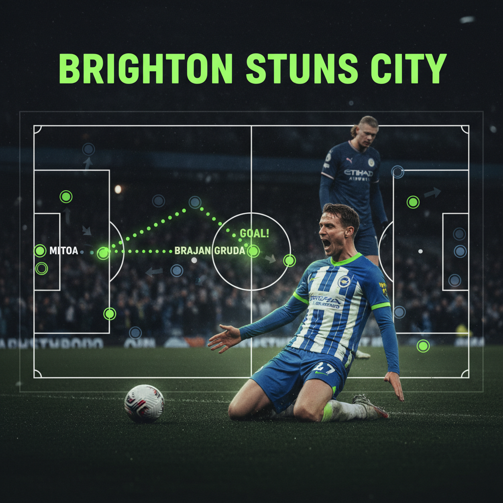 James Milner scores a crucial penalty for Brighton against Manchester City in a dark, atmospheric shot with lime green highlights.