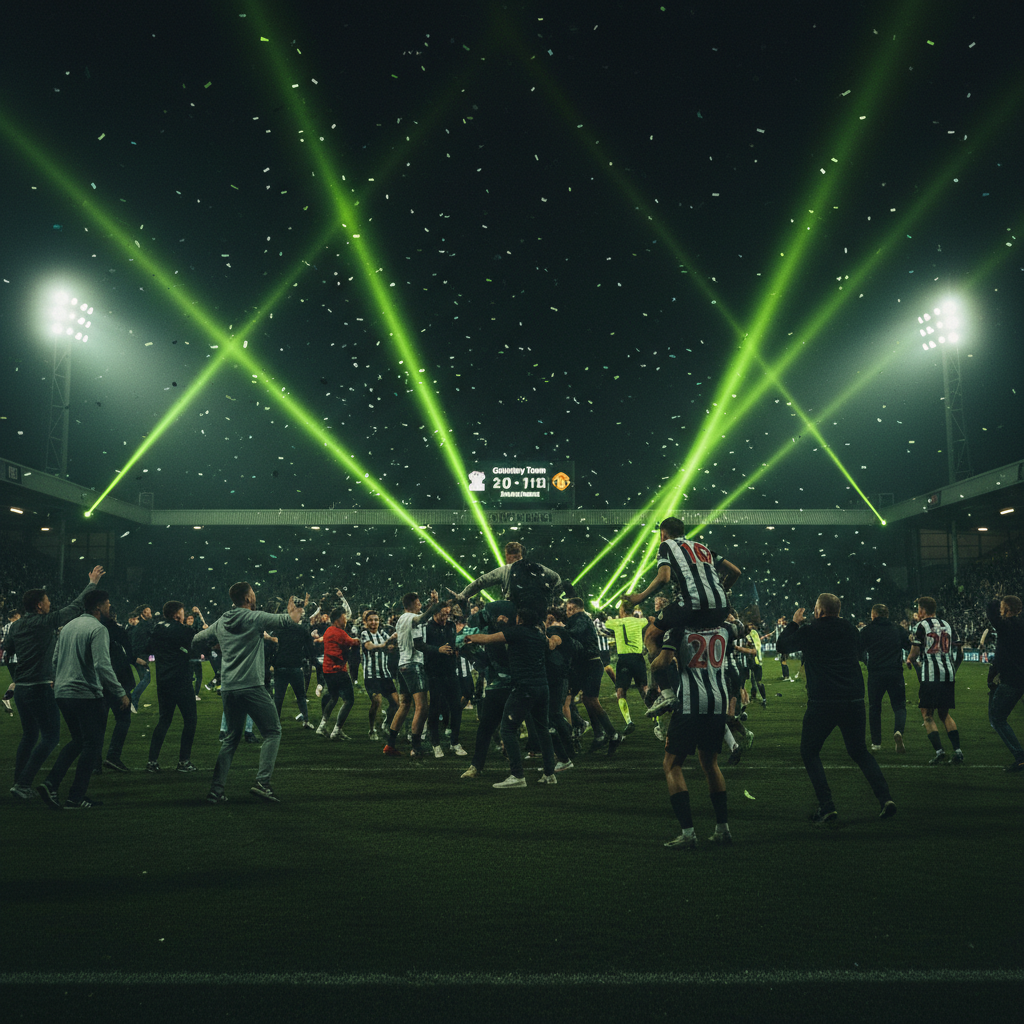 Jubilant Grimsby Town fans celebrate on the pitch after their historic penalty shootout victory over Manchester United.