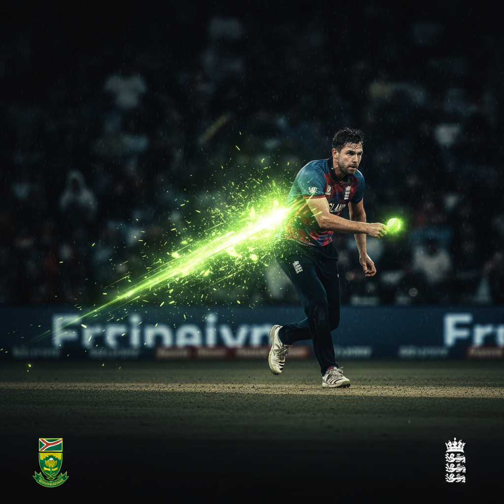 Donovan Ferreira of South Africa hits a match-winning six against England, illustrated with a dynamic lime green and dark color theme.
