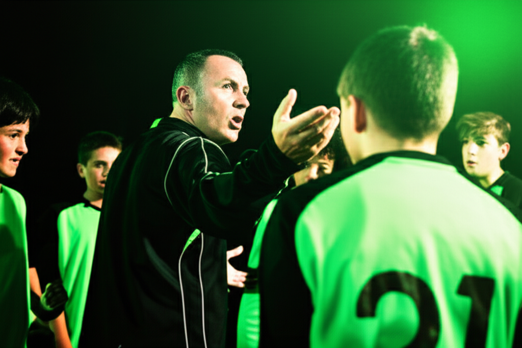 A volunteer coach giving a motivational team talk to a youth football team under floodlights.