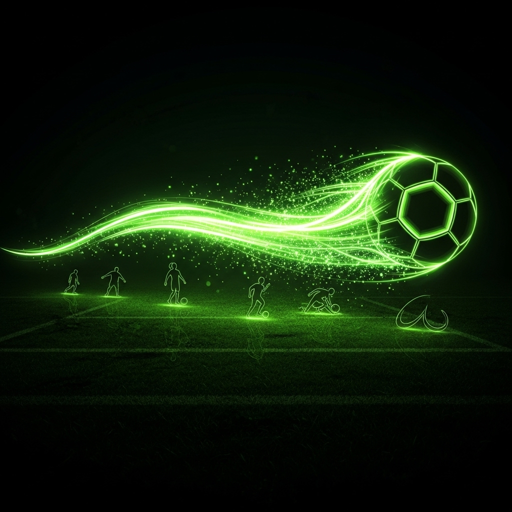 A dynamic and abstract 16:9 image with a dark, textured background reminiscent of a football pitch at night. A vibrant, electric lime green energy wave flows across the image from left to right, morphing into the geometric patterns of a football. Flecks of lime green light particles trail the energy wave, suggesting motion and growth. In the foreground, the faint, stylised outlines of diverse grassroots players (male, female, para-athlete) are subtly visible, integrated into the dark tones. The overall mood is modern, energetic, and hopeful, with a high-contrast, dark tone and lime green color scheme.