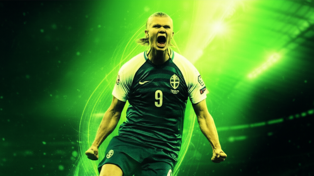 Erling Haaland unleashes a powerful shot, illustrated with energetic lime green light trails against a dark background.