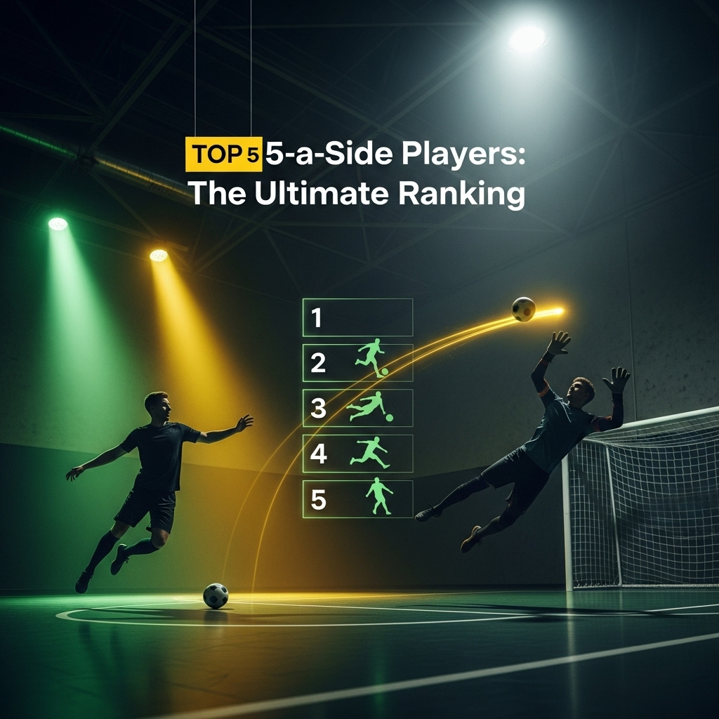 A dynamic shot of 5-a-side football action, showcasing players in motion on a futsal court, emphasizing skill and teamwork.
