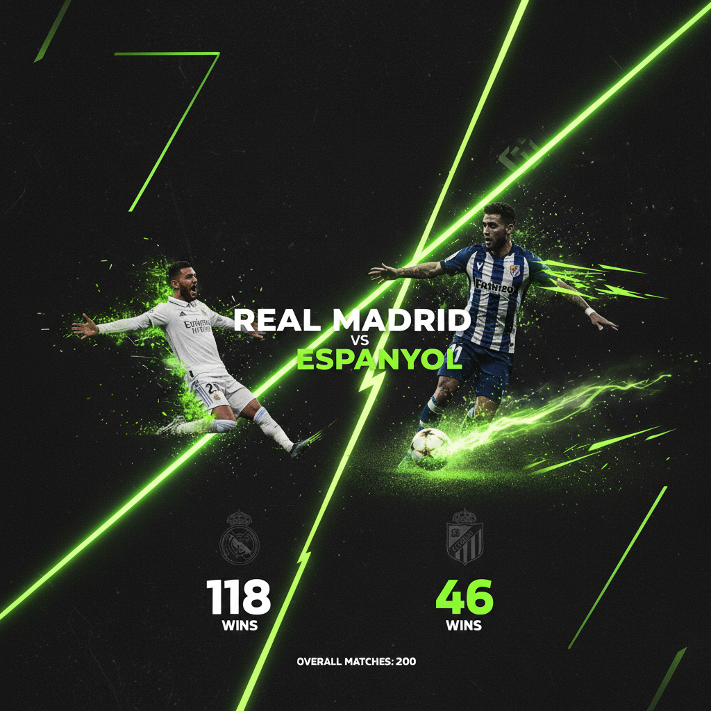 Head-to-head statistics infographic for Real Madrid vs Espanyol showing wins for each team.