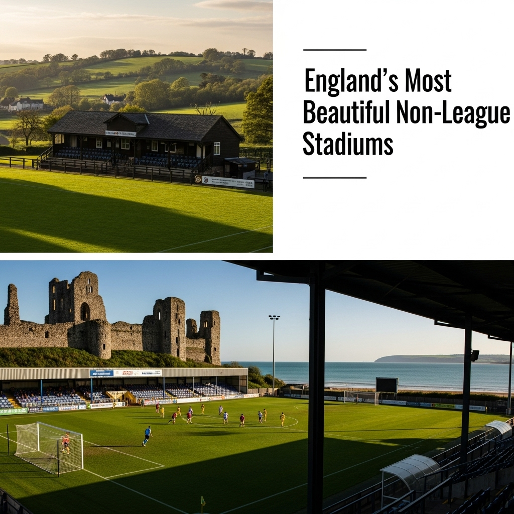 A picturesque non-league football ground nestled in a rural English landscape, showcasing the beauty of grassroots football.