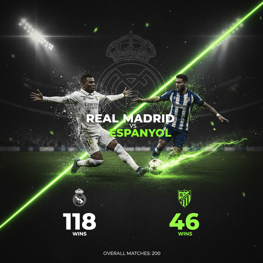 Kylian Mbappé scoring a goal for Real Madrid, stylized with lime green and dark tones.