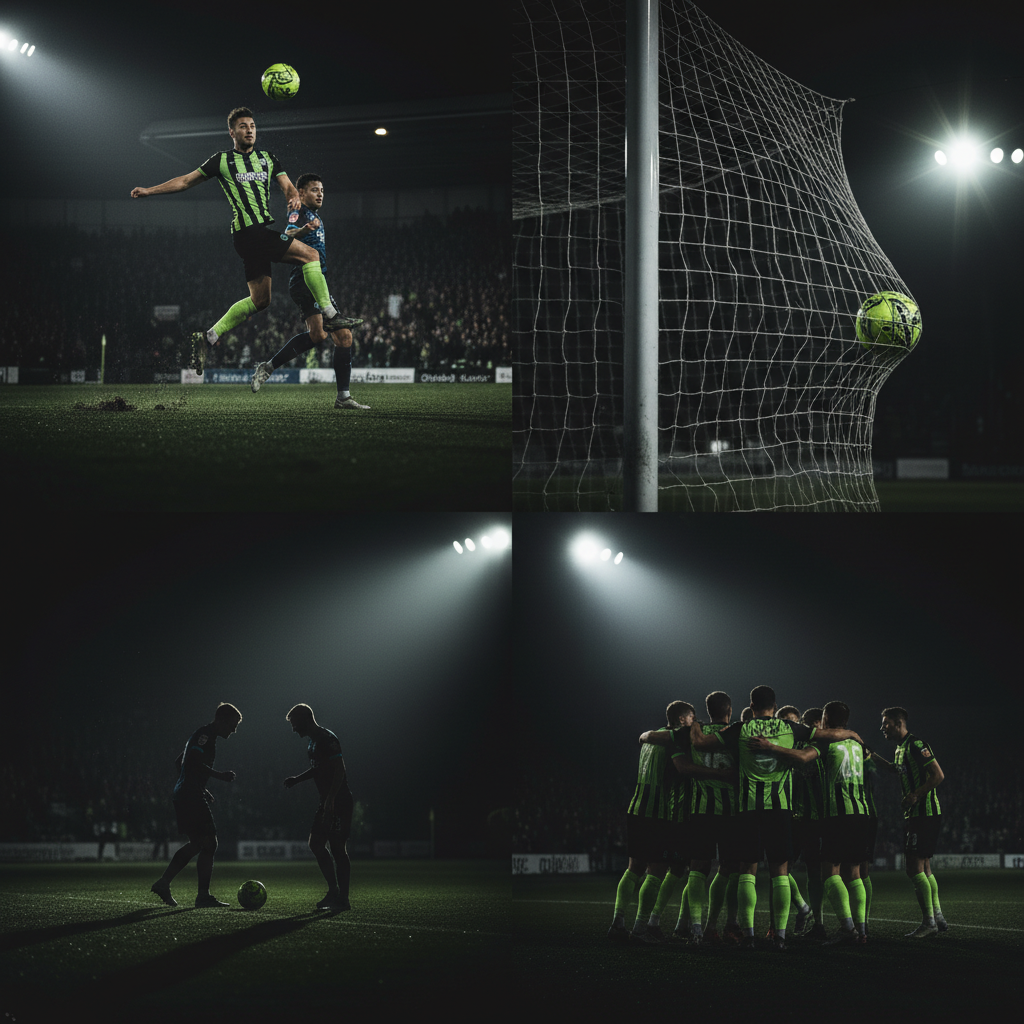 Essex Alliance League players celebrate a last-minute goal in a huddle, illuminated by lime green stadium lights.