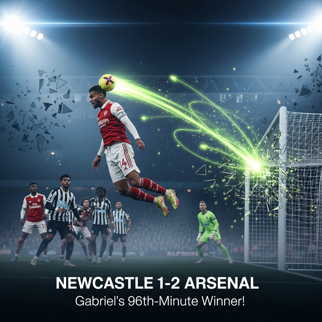 A dramatic, dark-themed 16:9 thumbnail for a football match report. The background is a moody, out-of-focus shot of a stadium at night. In the foreground, a stylized graphic of a football shatters a geometric pattern representing a goal net. Lime green energy trails and particle effects explode from the point of impact. The text "NEWCASTLE 1-2 ARSENAL" is prominently displayed in a bold, modern, white font. Below it, in a slightly smaller lime green font, the text reads "Gabriel's 96th-Minute Winner!". The overall aesthetic is high-tech, energetic, and clean.