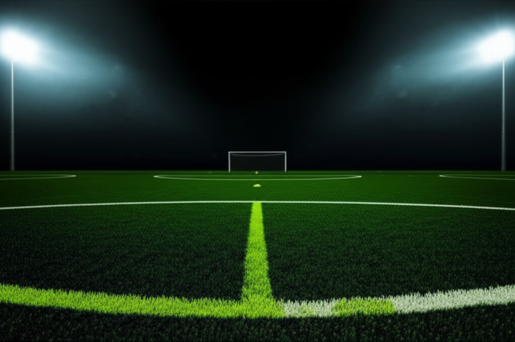 A groundskeeper carefully marks out the lime green lines on a dark green grassroots football pitch.