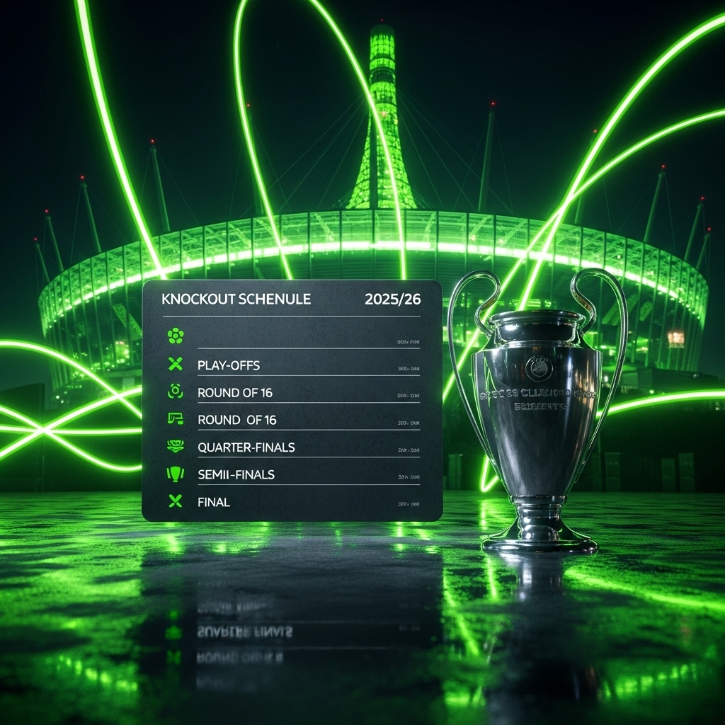 UEFA Champions League trophy, dark theme with lime green lights, Puskás Aréna silhouette