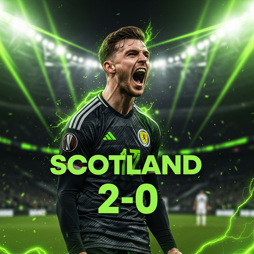 A Scottish player screaming in celebration, wearing a dark kit with lime green accents. Blurred stadium background with lime green light flares. Text "SCOTLAND 2-0" in bold lime green.