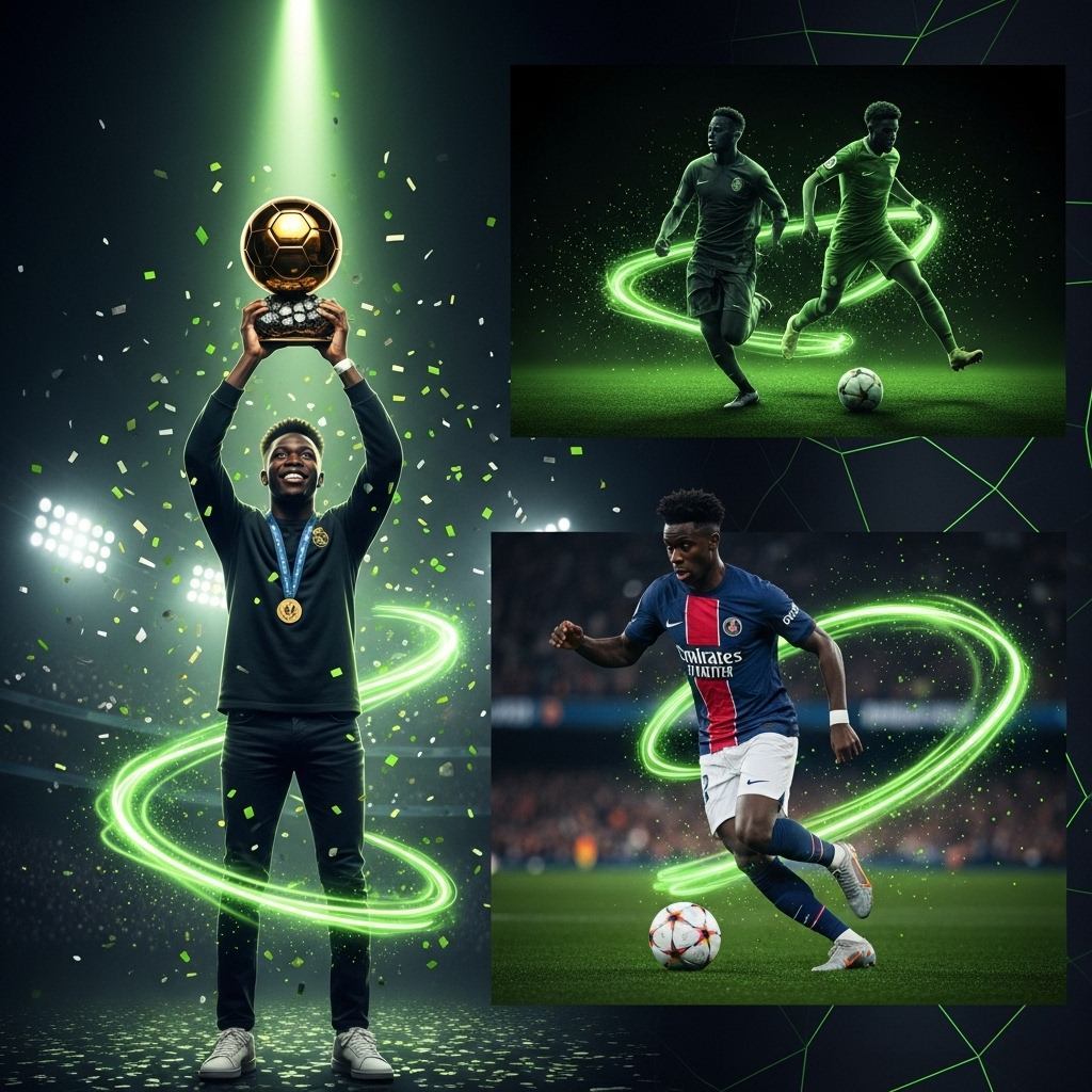 Ballon dOr 2025 trophy with Ousmane Dembélé and Lamine Yamal silhouettes, lime green highlights.