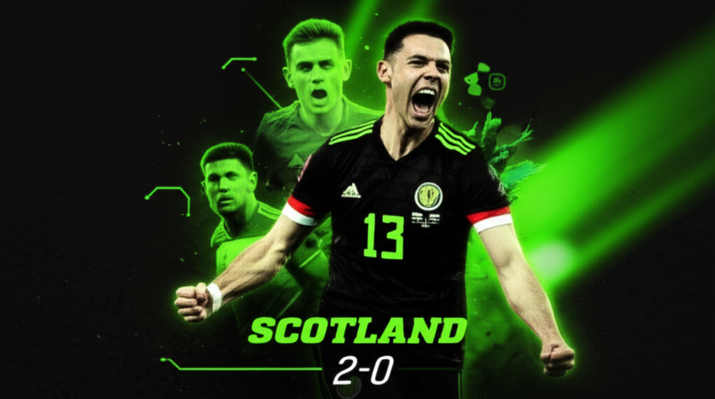 Che Adams scores with a header for Scotland against Belarus in a dark and lime green themed action shot.
