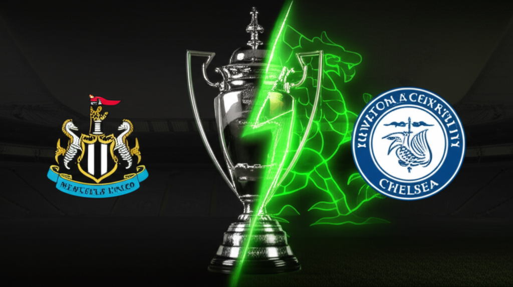 The club crests of Newcastle United and Tottenham Hotspur face off, separated by a lime green lightning bolt, representing their Carabao Cup draw.