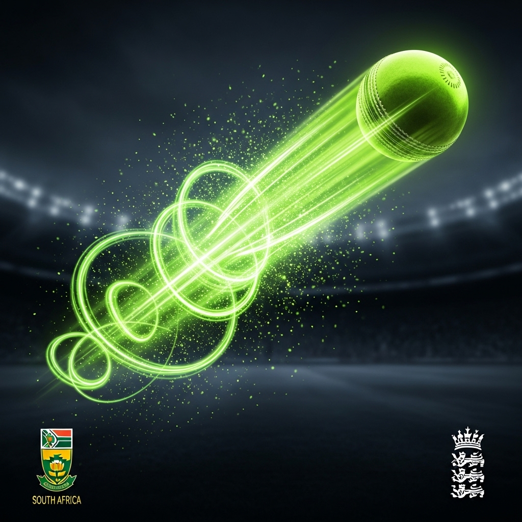 Cricket ball streaking with lime green light, South Africa and England logos, representing a T20 match.