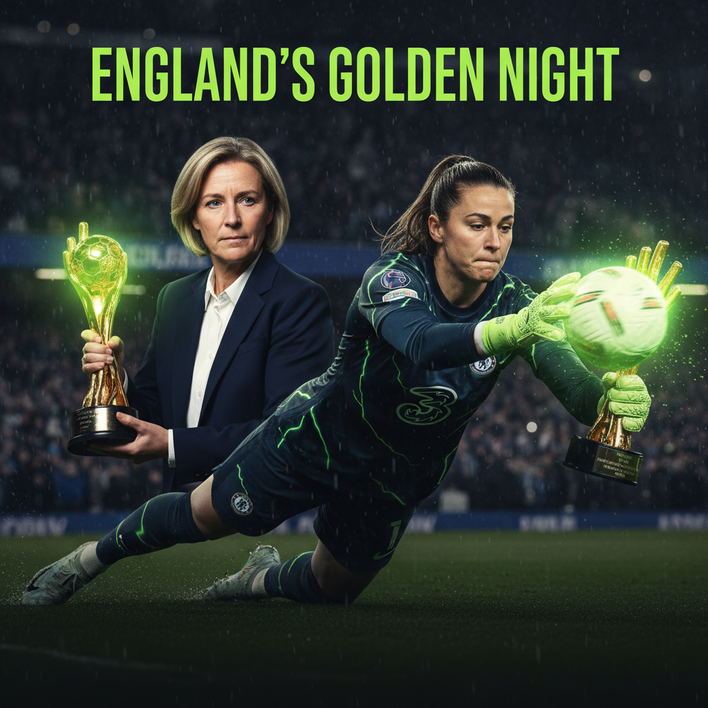 Chelsea and England goalkeeper Hannah Hampton making a spectacular save, with a dynamic lime green and dark tone aesthetic.