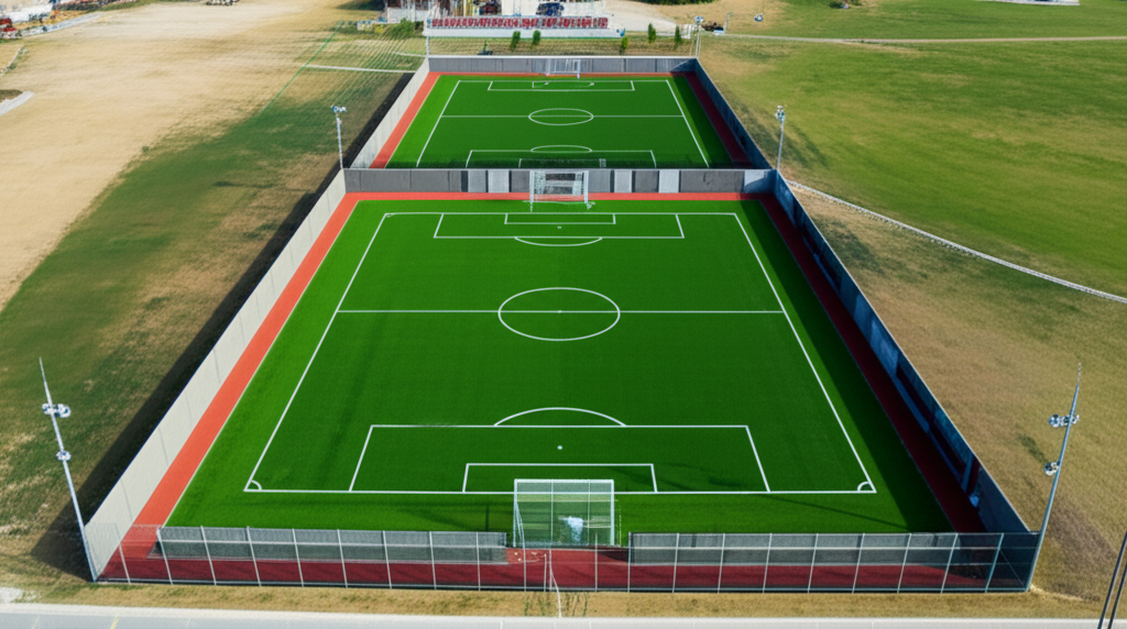 An aerial view of a modern grassroots football pitch at night with glowing lime green lines.