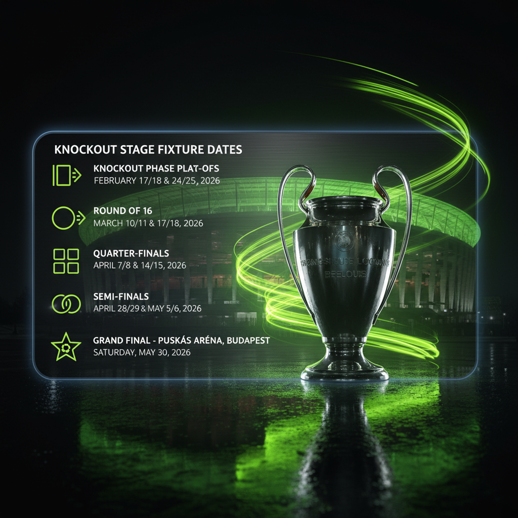 A graphic showing the key dates for the UEFA Champions League 2025/26 knockout rounds and final.