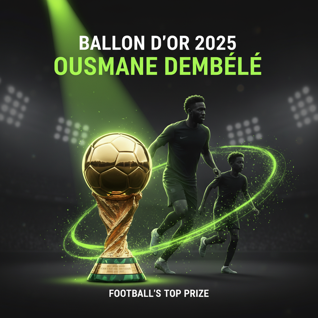 Ousmane Dembélé celebrating with the Ballon dOr 2025 trophy amidst lime green and dark confetti.
