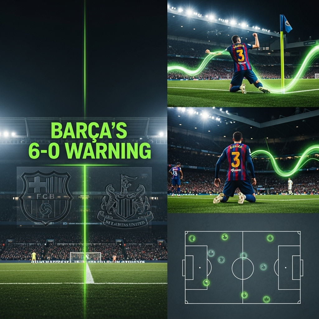 A dramatic, cinematic thumbnail for a football blog post. The background is a dark, atmospheric view from behind the goal at St James Park at night, with the stadium lights creating a moody glow. The image is split down the middle with a subtle, glowing lime green line. On the left side, the Barcelona crest is embossed with a dark, metallic texture. On the right, the Newcastle United crest has the same texture. Bold, modern typography in a vibrant lime green is overlaid in the center, reading: BARÇA S 6-0 WARNING. The overall color scheme is dark slate, black, and intense lime green, creating a high-contrast, epic feel.