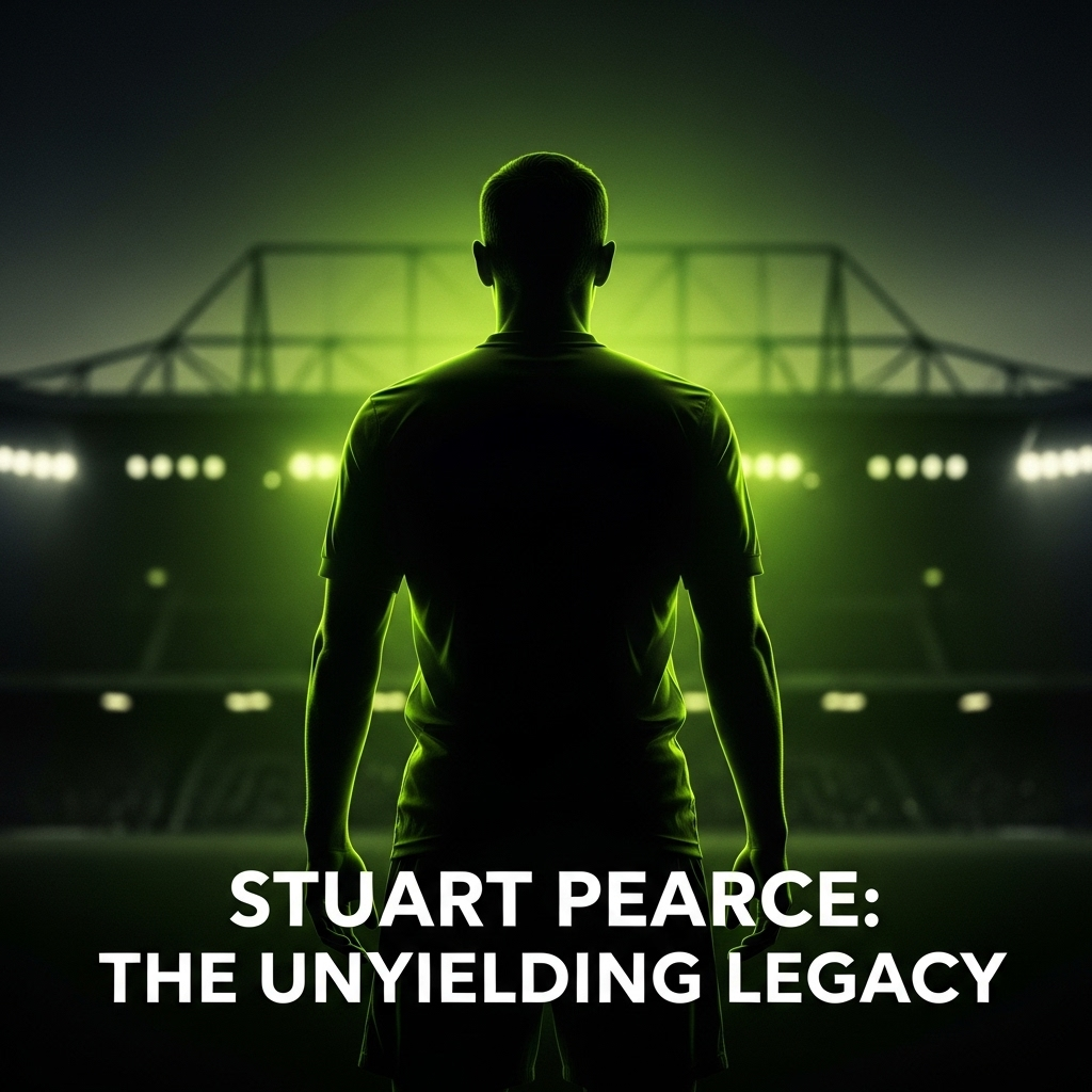 Dramatic silhouette of Stuart Pearce on a dark stadium background with lime green backlight, representing his unyielding legacy.