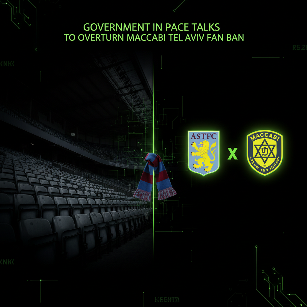 Intertwined Aston Villa and Maccabi Tel Aviv scarves highlighted by lime green light, symbolizing sporting unity.