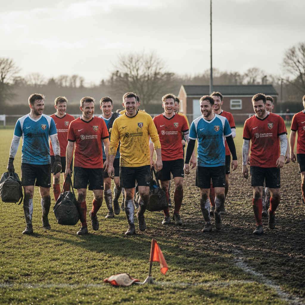 Football players in action on a muddy pitch, symbolizing resilience in grassroots sports