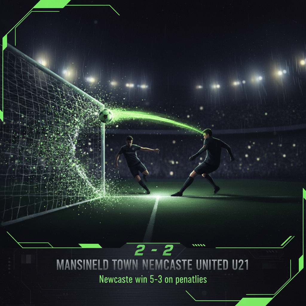 Final score graphic showing Mansfield Town drew 2-2 with Newcastle United U21, with Newcastle winning the penalty shootout 5-3.