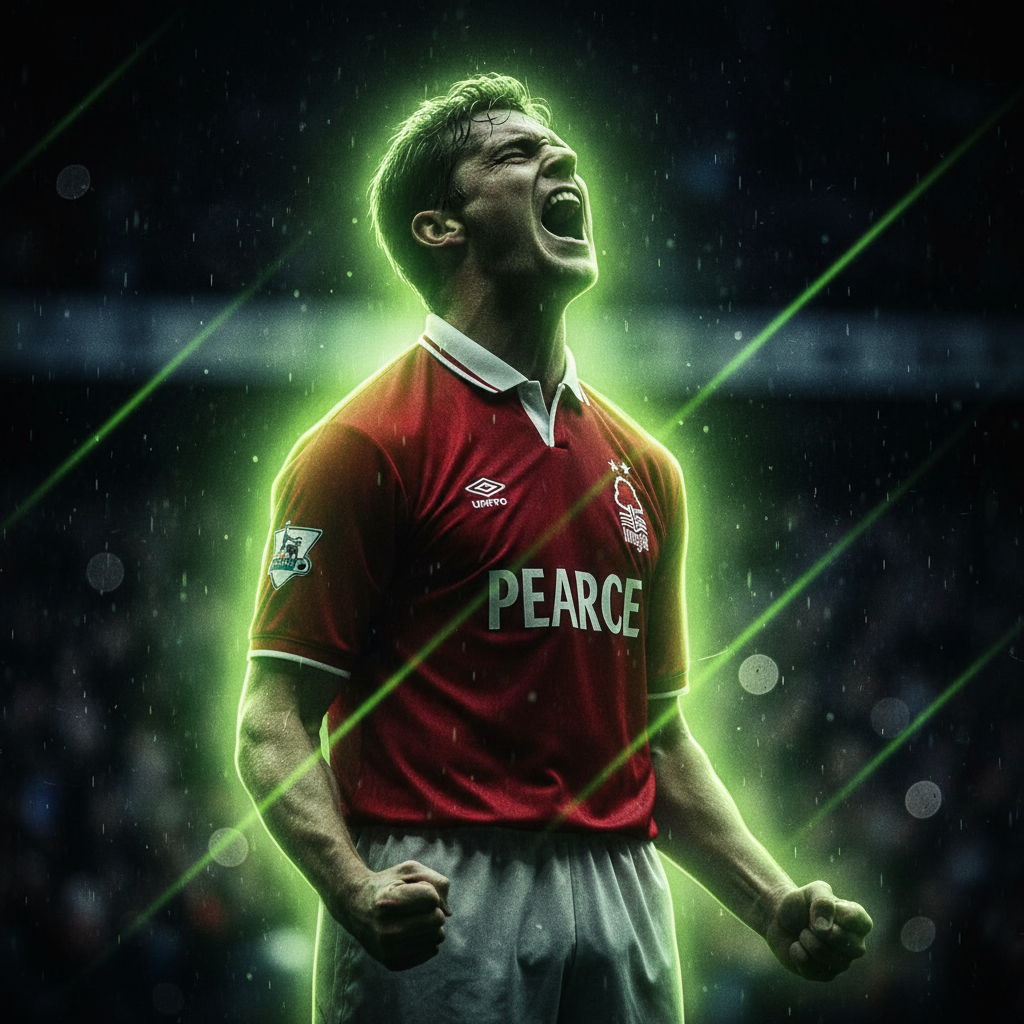 Manager Stuart Pearce intensely studies the game from the touchline, with the stadium lights creating a lime green and dark, dramatic effect.