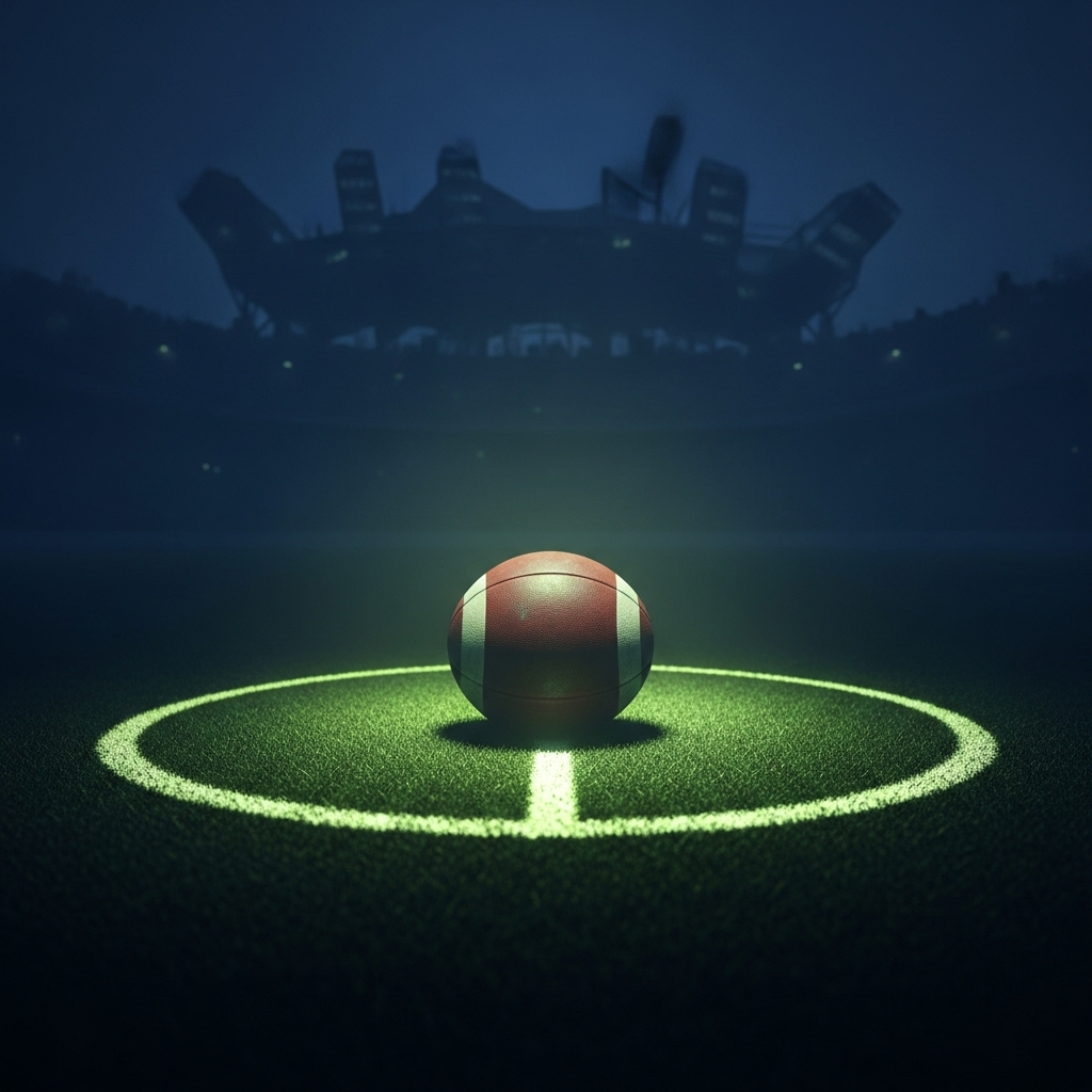 A lone, old-fashioned leather football on a misty, dimly lit pitch at night with glowing markings and strange stadium architecture.