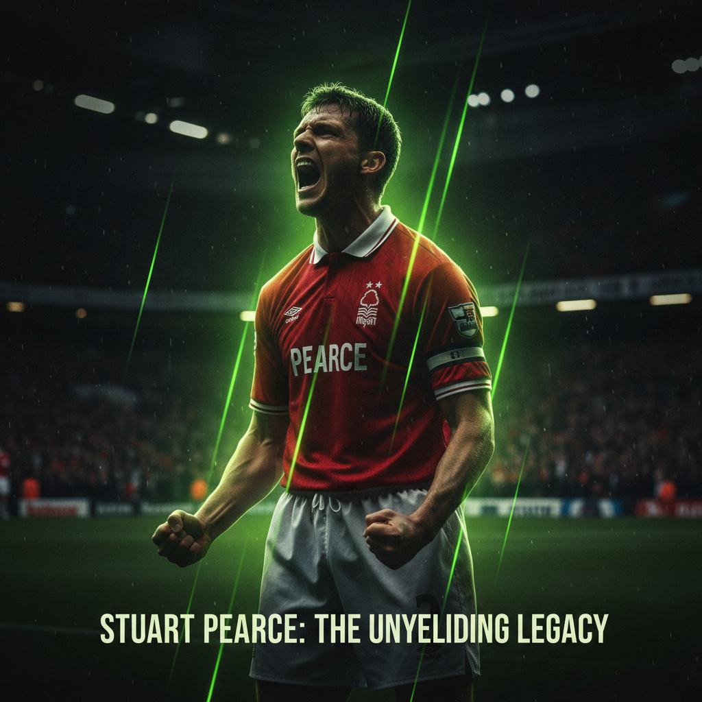 Stuart Pearce roars with passion in a Nottingham Forest kit, set against a dark, moody background with lime green highlights.