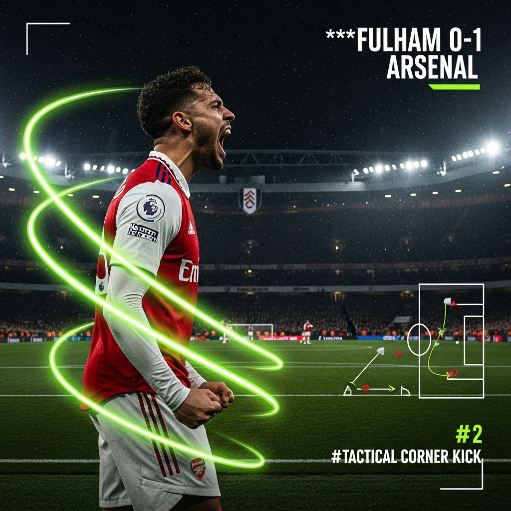 A 16:9 cinematic shot of Arsenal's Leandro Trossard roaring in celebration after scoring the winning goal. He is in the foreground, slightly off-center. The background is the dark, atmospheric Craven Cottage stadium, with the crowd blurred. A vibrant, electric lime green light trail effect swirls around Trossard. The top corner features the text "FULHAM 0-1 ARSENAL" in a bold, dark font with a lime green outline.