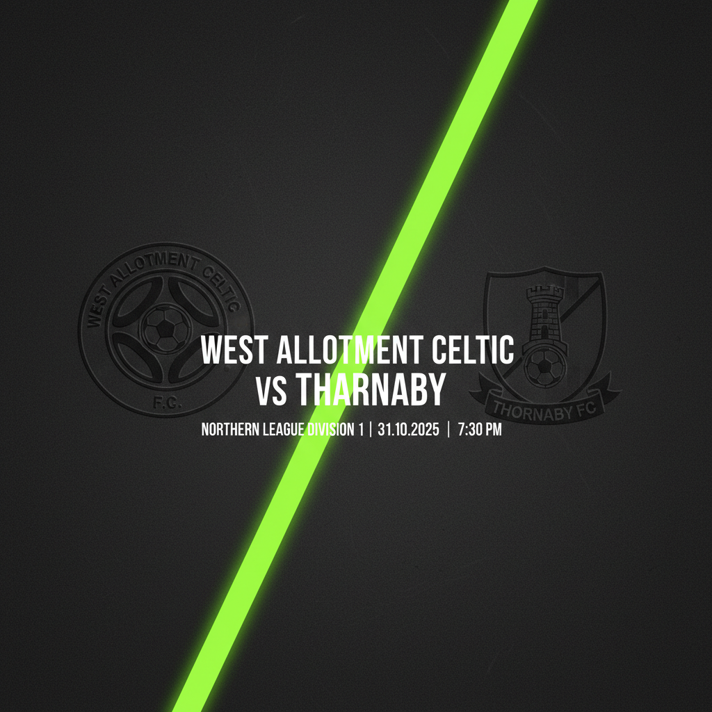 A football under a lime green stadium light at Craik Park before the West Allotment Celtic vs Thornaby match.