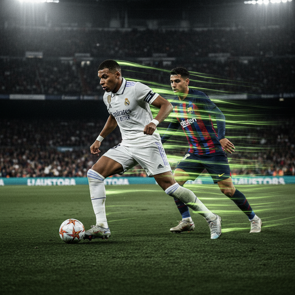 A dynamic, wide-angle action shot of Lamine Yamal of Barcelona, dribbling at high speed, with glowing lime green light trails.