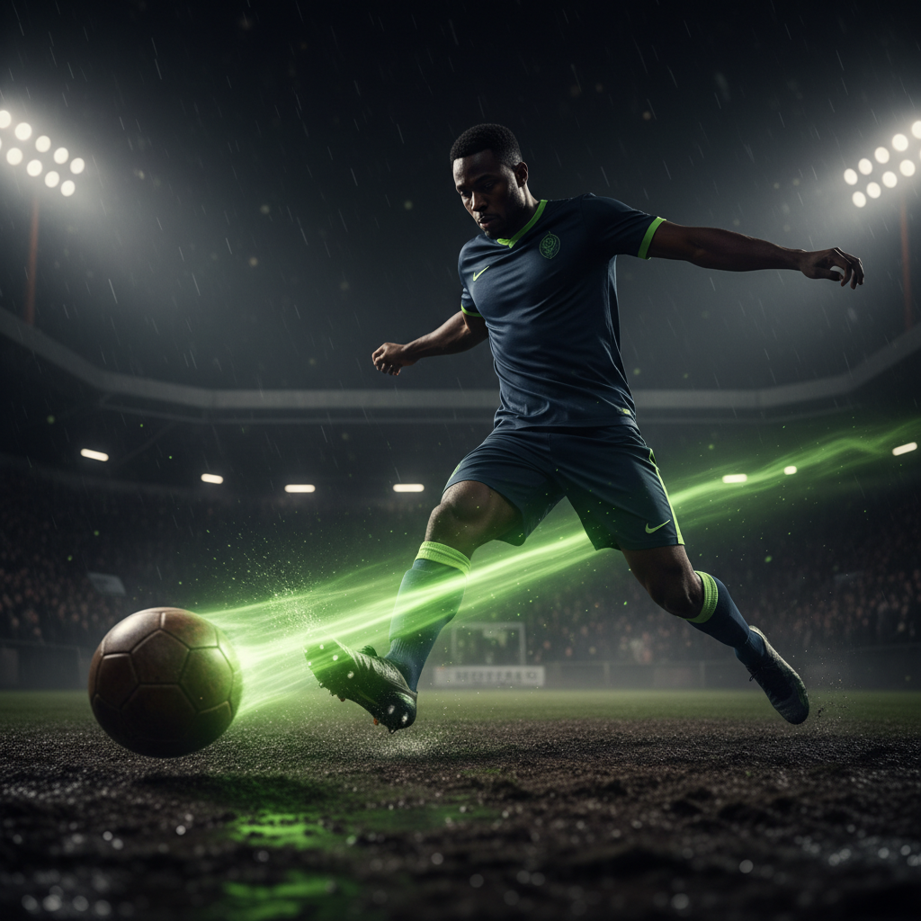 A vibrant football stadium under moody lights, capturing the atmosphere of a match.