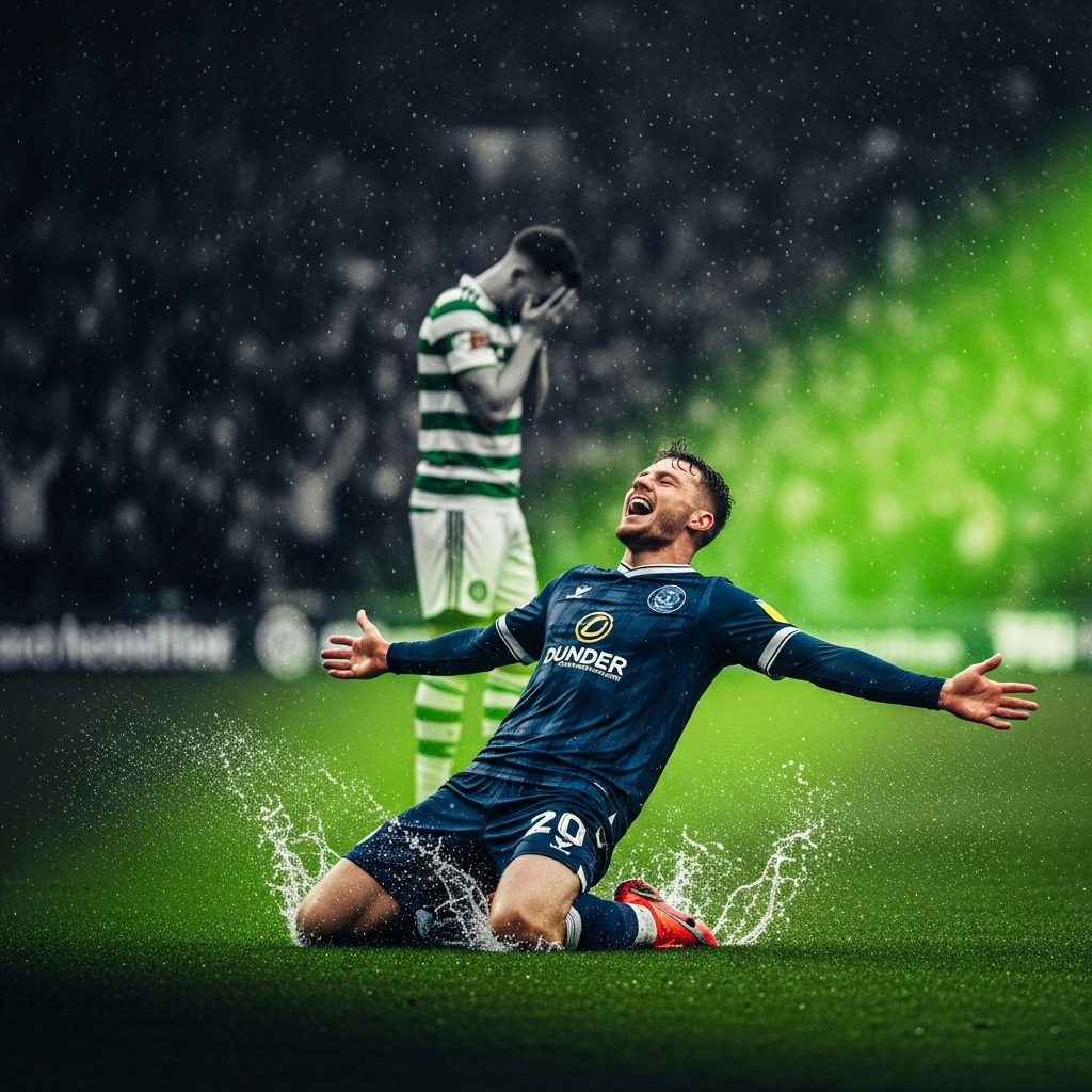 A dramatic 16:9 cinematic shot of a Dundee FC player, ecstatic, sliding on his knees towards the corner flag in celebration. In the dark, out-of-focus background, a dejected Celtic player stands with his head in his hands. The lighting is moody and dark, with a single, powerful lime green light beam illuminating the celebrating player. Rain is subtly falling, catching the light. The overall color scheme is dark tones of charcoal and navy blue, punctuated by the vibrant lime green.